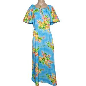 Hilo Hattie Hawaiian Dress Womens Medium Blue Floral Maxi Flutter Short Sleeve